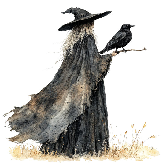 watercolor, witch, black robe, pointed hat, raven, crow, gothic, mystical, halloween, autumn, grey tones, sepia, blonde hair, flowing cloak, magical, spooky, bird companion, fabric panel, quilting cotton, witchcraft theme
