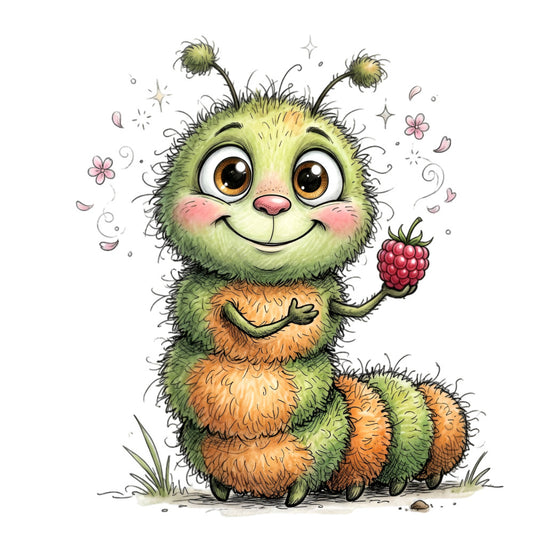 lime green, sage green, golden yellow, coral pink, rust orange, chartreuse, woodland creature, whimsical animal, cute caterpillar, nature themed, garden motif, flowers, raspberries, stars, sparkles, children's illustration, playful, cheerful, spring, summer, nature lover, animal lover, nursery, kids bedding, storybook style, illustrated, magical, enchanted, fuzzy textured look, charming design