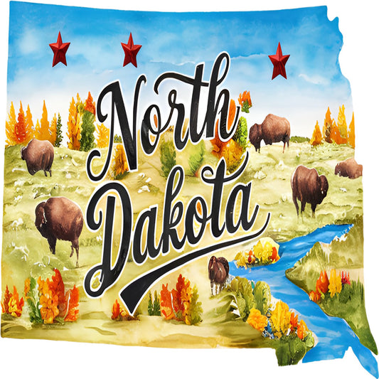 Classic US States Fabric Panel 17 featuring North Dakota map with bison, autumn trees, and blue river on premium quilting cotton.