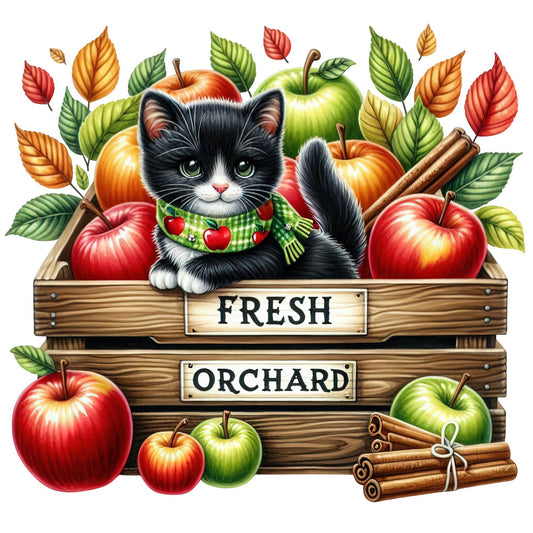black and white cat, red apples, green apples, autumn leaves, fall colors, cinnamon sticks, apple orchard, farmhouse style, rustic, whimsical, animals, cats, nature, harvest, autumn, seasonal, gold leaf, orange leaf, red leaf, wooden basket, apple picking, countryside, cottage core, folk art, traditional, warm colors, burnt orange, forest green, cream background, decorative panel