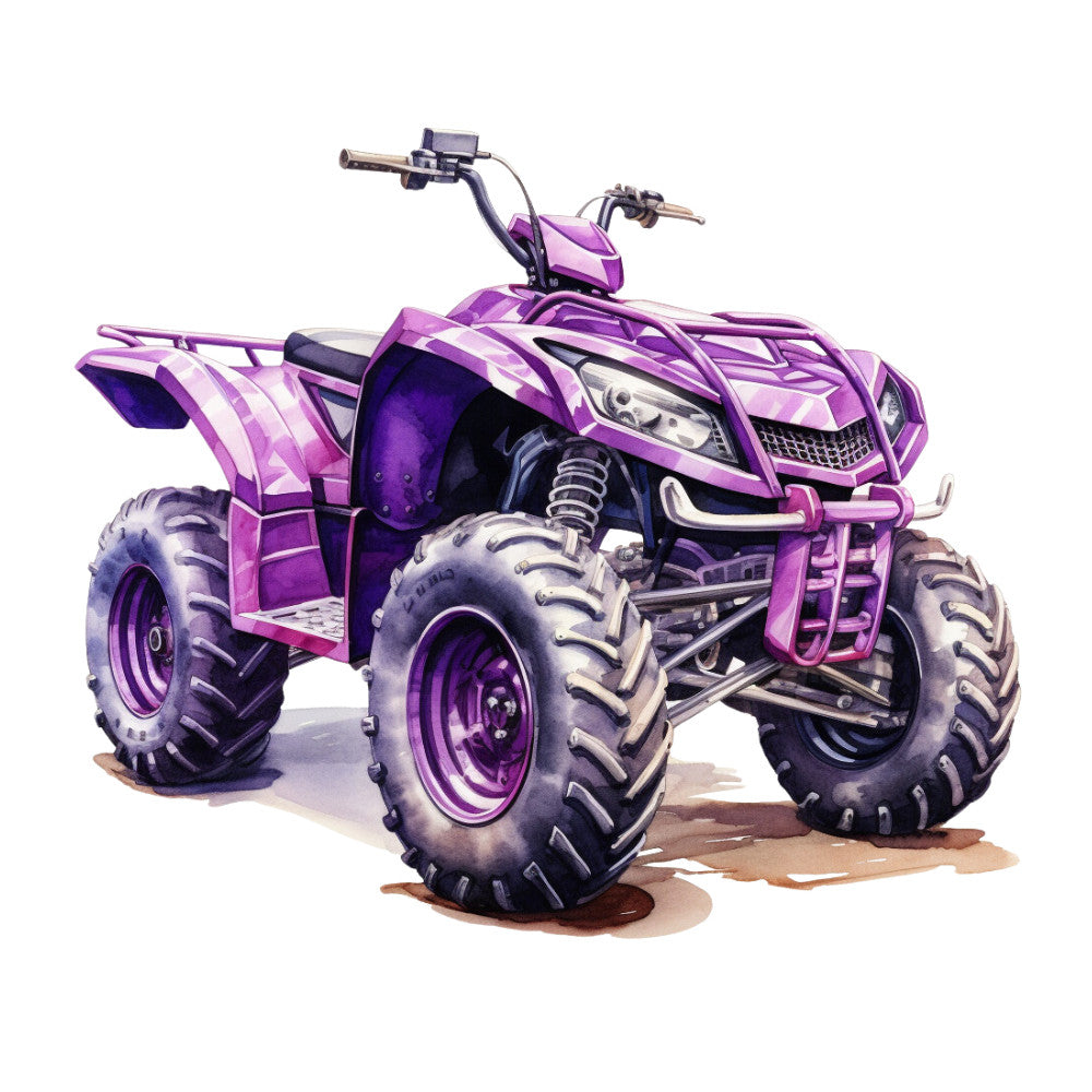 purple, magenta, lavender, four wheeler, atv, quad bike, off-road vehicle, watercolor style, fabric panel, quilting cotton, outdoor adventure, recreational vehicle, rugged tires, sporty design, vehicle illustration, purple tones, adventure theme, motorsports, all-terrain vehicle