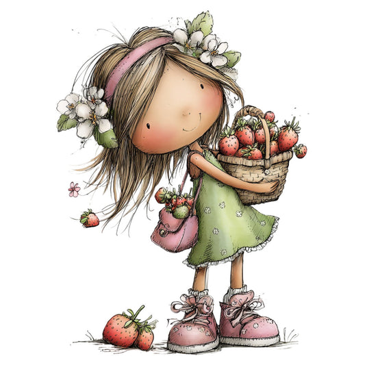 spring, strawberries, girl, whimsical, nature, pastoral, cottage core, vintage illustration, children's, nursery, floral, white flowers, sage green, dusty rose, pink, botanical, garden, fruit, basket, strawberry picking, sweet, cute, storybook, traditional, farmhouse, countryside, daydream, innocent
