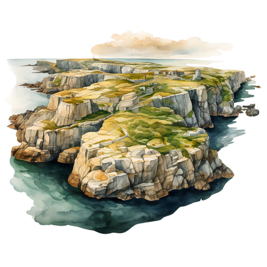 coastal landscape, cliffs, ocean view, seaside scenery, watercolor, stone formations, rocky shores, teal water, sage green, cream, gray stone, muted tones, nature themed, travel inspired, scenic, rustic landscape, architectural, historic ruins, seaside cottage, nautical, countryside, pastoral, landscape art, peaceful, serene, illustrated, artistic, detailed scene, adventure themed