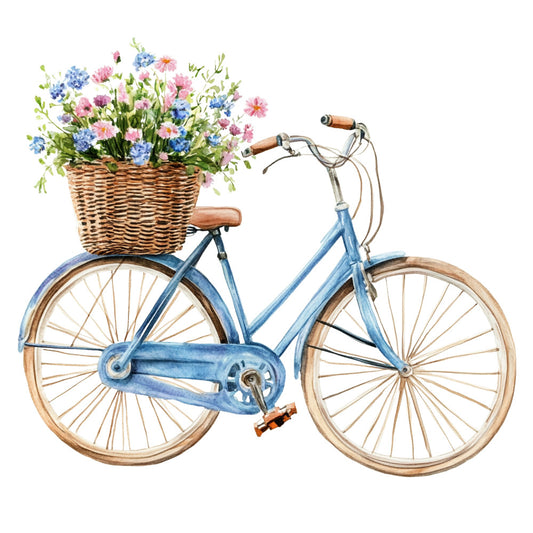blue bicycle, vintage bike, wicker basket, wildflowers, pink flowers, blue flowers, watercolor style, countryside scene, fabric panel, quilting cotton, spring theme, floral arrangement, pastel colors, cream background, nostalgic mood, botanical design, transportation motif, english garden, soft hues, whimsical illustration