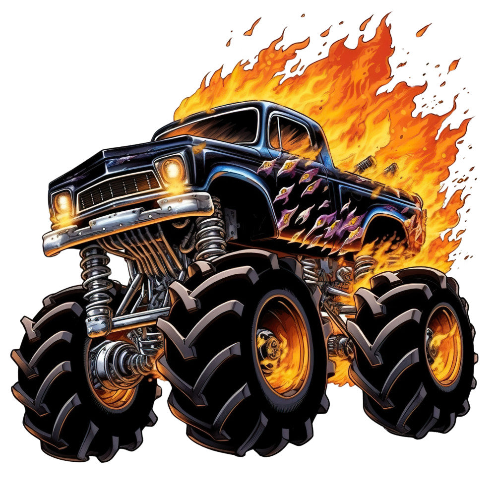 Monster Truck Crushes Fabric Panel 12 featuring a powerful monster truck with large tires and flames in vibrant colors.