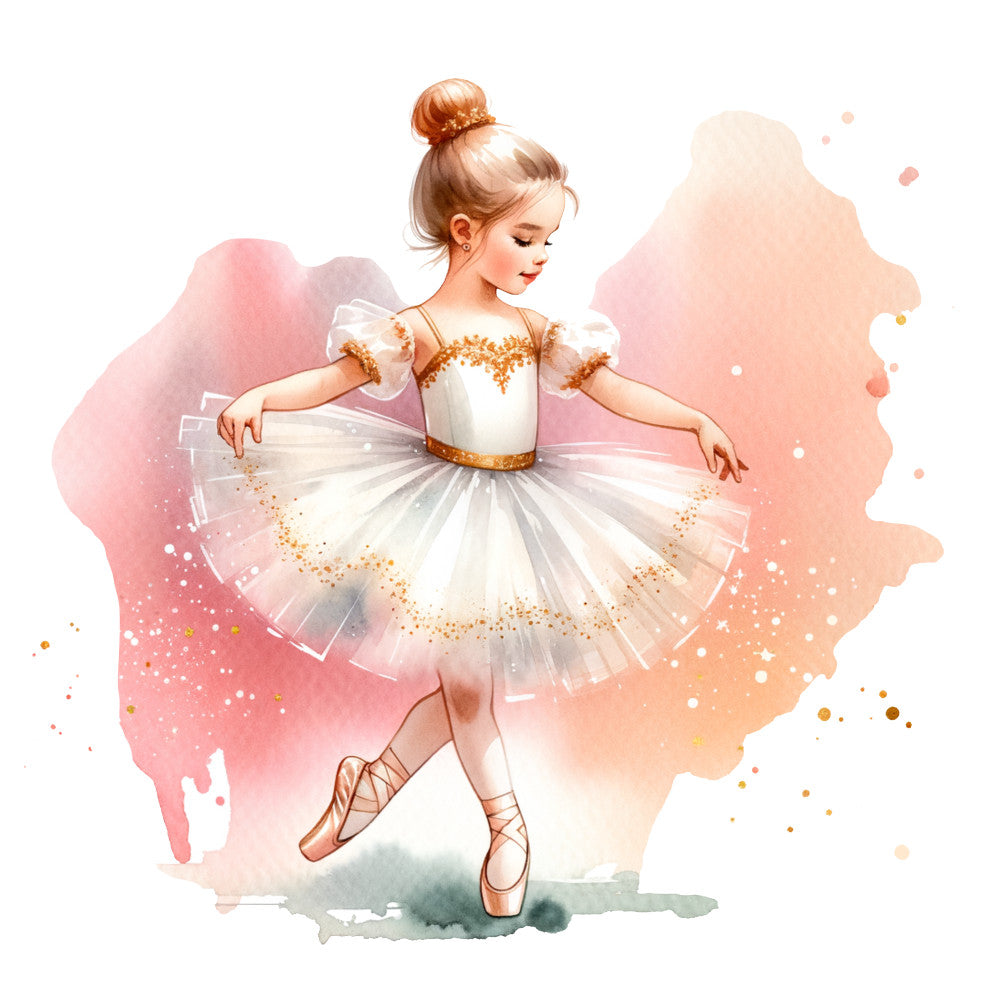 ballet dancer, ballerina, tutu, pointe shoes, watercolor style, pink tones, coral colors, peach hues, gold accents, white tulle, fabric panel, quilting cotton, dance theme, graceful pose, sparkles, glitter effects, artistic illustration, soft pastels, children's motif, performance art