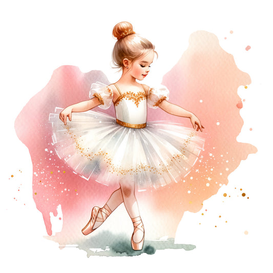 ballet dancer, ballerina, tutu, pointe shoes, watercolor style, pink tones, coral colors, peach hues, gold accents, white tulle, fabric panel, quilting cotton, dance theme, graceful pose, sparkles, glitter effects, artistic illustration, soft pastels, children's motif, performance art