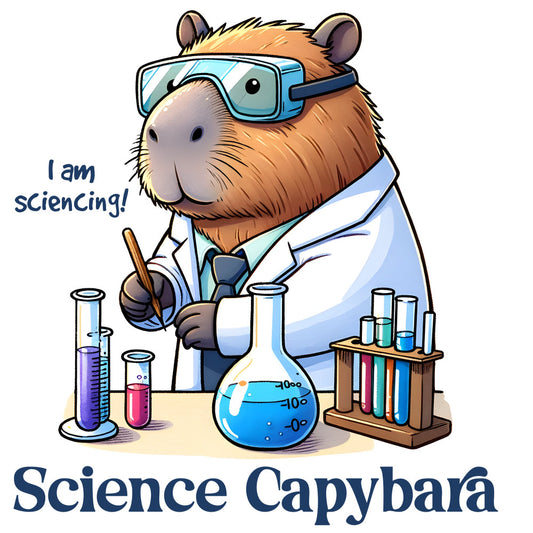 science capybara, cute animal, whimsical, educational, stem, laboratory, scientist, brown, tan, light blue, sky blue, purple, orange, green, beige, animal character, funny animal, children's, kids, science theme, lab equipment, beakers, test tubes, goggles, playful, humorous, back to school, school themed, learning themed, classroom