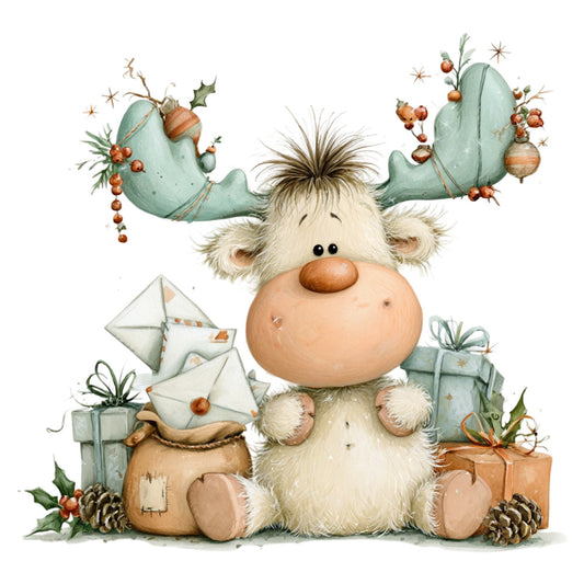 whimsical, christmas, holiday, reindeer, moose, winter, sage green, cream, copper, bronze, gold accents, festive, cute animals, children's, baby, vintage style, rustic, nature-inspired, gift boxes, letters, envelopes, pinecones, holly, berries, stars, cozy, traditional, seasonal, decorative panel, illustration style