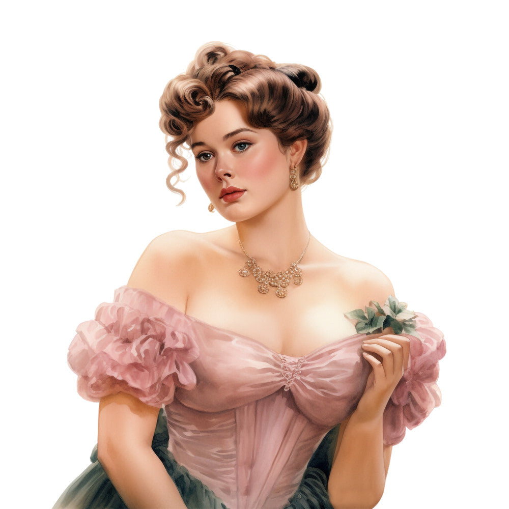 regency era, portrait panel, woman figure, pink gown, off-shoulder dress, brown curls, updo hairstyle, gold jewelry, pearl necklace, elegant lady, historical fashion, empire waist, ruffled sleeves, formal attire, period costume, vintage portrait, fabric panel, quilting cotton, rose pink, sage green