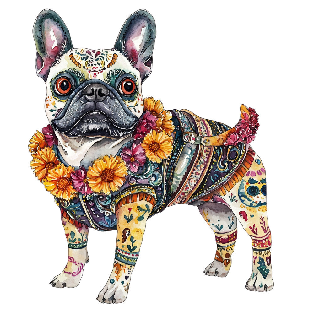 french bulldog, dog, animals, floral, daisies, sunflowers, flowers, bohemian, whimsical, colorful, vibrant, ornamental, decorative, folk art, ethnic, painted, illustrated, artistic, multi-colored, gold, mustard yellow, coral pink, deep purple, teal, burnt orange, day of the dead, sugar skull, ornate patterns, festive, playful