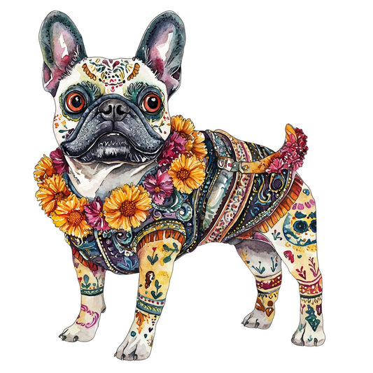 french bulldog, dog, animals, floral, daisies, sunflowers, flowers, bohemian, whimsical, colorful, vibrant, ornamental, decorative, folk art, ethnic, painted, illustrated, artistic, multi-colored, gold, mustard yellow, coral pink, deep purple, teal, burnt orange, day of the dead, sugar skull, ornate patterns, festive, playful