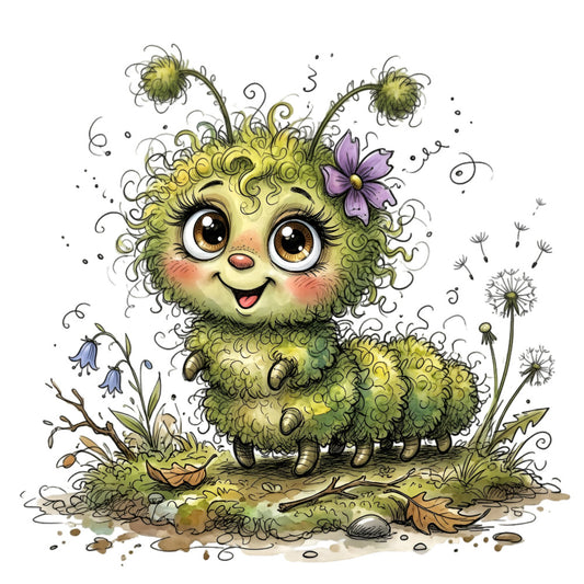 yellow-green, lime green, moss green, golden yellow, purple, lavender, cream, whimsical, cute, character, creature, fantasy, nature, flowers, dandelions, floral, spring, garden, adorable, childlike, playful, illustration, artistic, botanical, quirky, whimsy, nature lover, kids, children's, magical