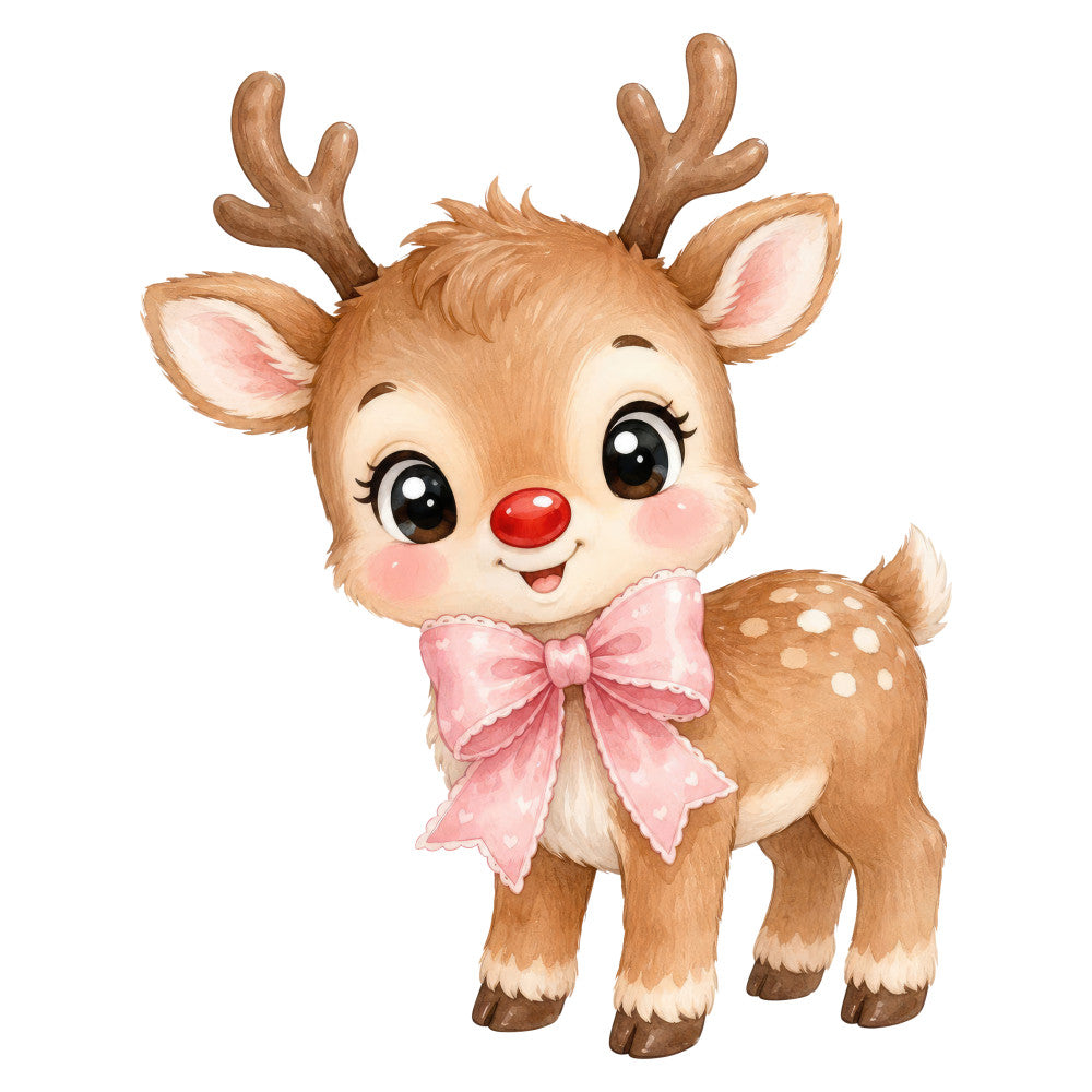 cute reindeer, rudolph, christmas, holiday, winter, festive, red nose, pink bow, brown, cream, white, whimsical, playful, children, kids, baby, kawaii, cartoon, cheerful, joy, cheerful animals, seasonal, decorative, gift wrap style, innocent, sweet, endearing, character panel