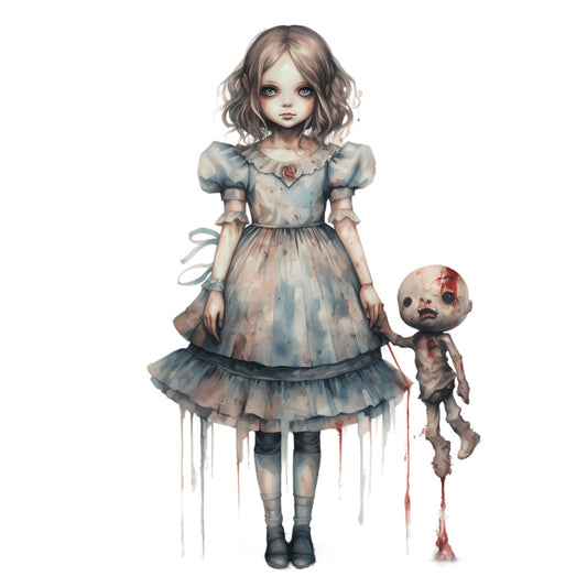 dark fairy tale, gothic, creepy cute, haunted doll, vintage dress, pale blue, dusty gray, muted tones, watercolor, eerie, spooky, horror, macabre, whimsical dark, alice in wonderland, storybook, illustration, fantasy, supernatural, doll motif, string puppet, creepy children, gothic lolita, dark fantasy, wall hanging, art panel, dark whimsy, tim burton style, unsettling beauty