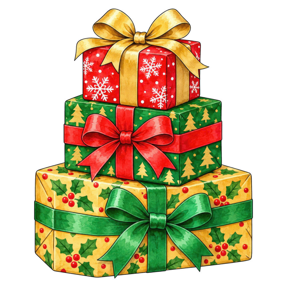 christmas, holiday, stacked gifts, present, wrapped presents, gold bow, red bow, green bow, festive, seasonal, red, gold, green, holly leaves, holly berries, snowflakes, christmas trees, traditional, elegant, whimsical, gift giving, celebration, winter, december, decorative, three tier, layered, ribbon, baubles, cheerful