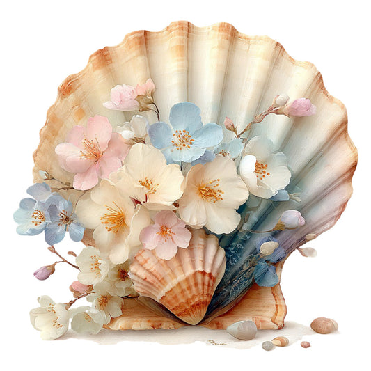 seashell, floral, pastel pink, cream, light blue, dusty blue, peach, coral, botanical, nature, coastal, beach, ocean, delicate, elegant, romantic, vintage, whimsical, spring, summer, shell motif, flowers, blossoms, soft colors, watercolor, artistic, decorative panel, wall hanging, home decor, peaceful