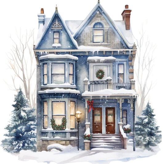 Watercolor Winter Houses Fabric Panel 26