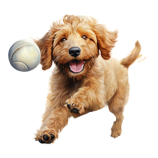 golden retriever, doodle dog, fluffy dog, happy dog, playful dog, dog portrait, cream, tan, apricot, golden, light brown, animals, dogs, pets, dog lover, puppy, sporting dog, retriever, whimsical, playful, cheerful, friendly, ball, toys, children's, kids, baby, fun, joyful, smiling