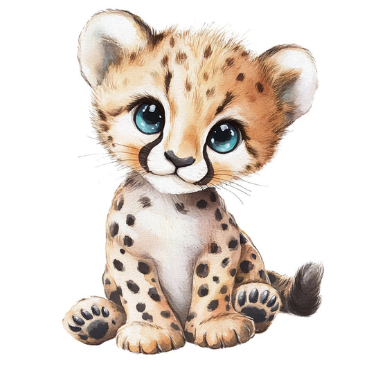 baby cheetah, cute animal, big blue eyes, tan, cream, brown, spotted, spots, animal print, leopard print, wildlife, safari, baby animal, whimsical, playful, children's, nursery, baby quilt, wall hanging, soft, gentle, sitting pose, realistic, illustration style, adorable, sweet, young animal, nature themed, kids fabric