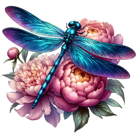 teal dragonfly, iridescent wings, pink peonies, magenta flowers, metallic blue, purple gradient, botanical, nature, insects, whimsical, elegant, spring, summer, garden theme, floral design, dragonfly motif, peony blooms, jewel tones, iridescent effect, fantasy, enchanted, decorative panel, home decor, wall art, romantic, delicate petals, golden centers, multi-colored florals