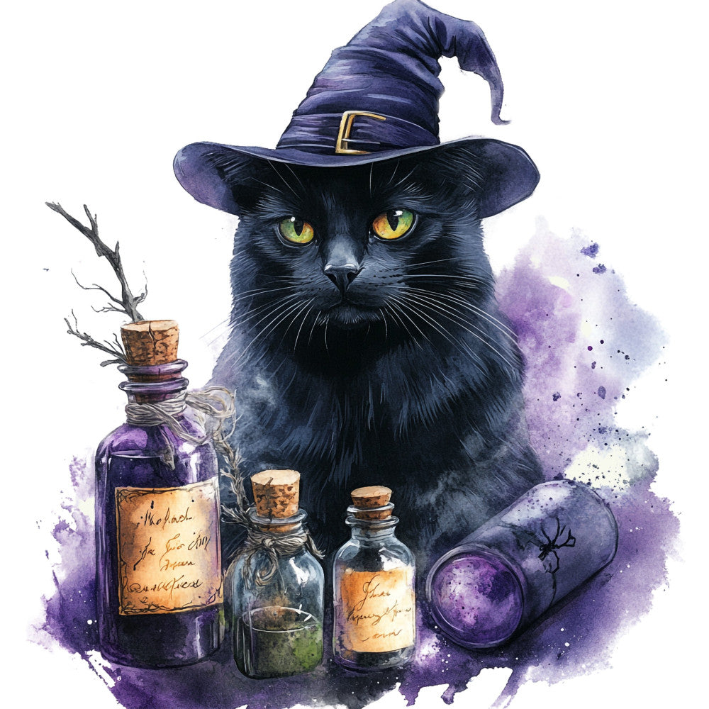 witch cat, black cat, wizard hat, purple potion, magical theme, mystical, whimsical, halloween, witchcraft, spell bottles, enchanted, dark purple, navy blue, gold accents, amber glass, cork bottles, magical potions, celestial theme, fantasy, gothic, cat lover, animal print, potion ingredients, spellbook aesthetic, vintage apothecary, dark academia, moonlit theme, watercolor style, illustrated, enchantment