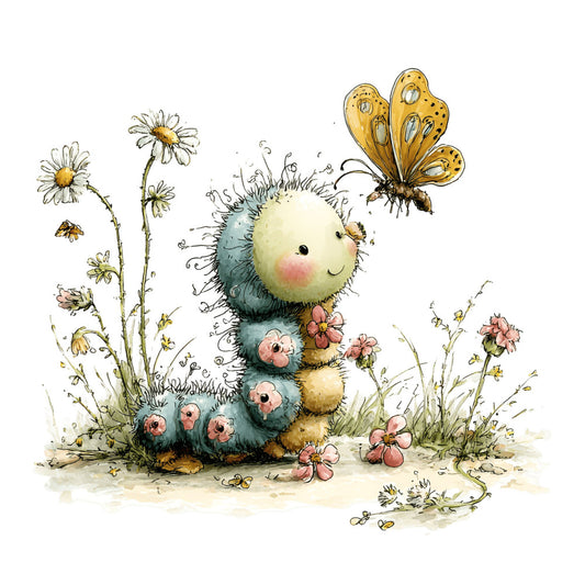whimsical, cute animals, hedgehog, butterflies, daisies, wildflowers, spring, nature, garden, soft colors, cream, sage green, dusty blue, coral pink, blush pink, gold accents, children's, baby, illustration style, storybook, woodland creatures, insects, delicate florals, pastoral, innocent, playful, nurturing, gentle, charming
