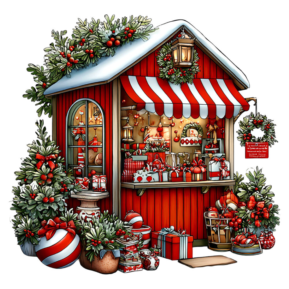 christmas, holiday, red and white, festive, kiosk, shop, wreath, ornaments, gifts, candy cane, striped, traditional, vintage, seasonal, winter, snow, decorations, evergreen, berries, lantern, rustic, whimsical, jolly, festive red, cream, green foliage, holiday market, nostalgic, classic christmas