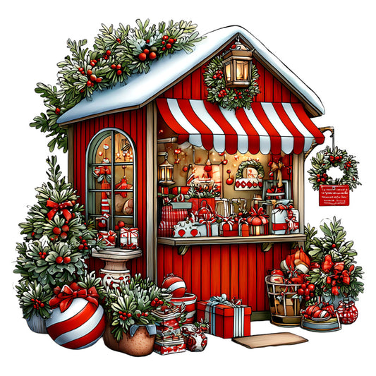 christmas, holiday, red and white, festive, kiosk, shop, wreath, ornaments, gifts, candy cane, striped, traditional, vintage, seasonal, winter, snow, decorations, evergreen, berries, lantern, rustic, whimsical, jolly, festive red, cream, green foliage, holiday market, nostalgic, classic christmas