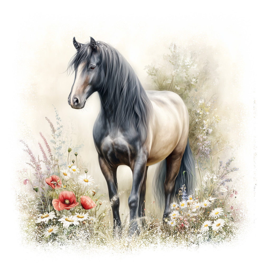 horse, wildflowers, meadow, pastoral scene, gray horse, black mane, white daisies, red poppies, soft pastels, cream background, equestrian, nature scene, fabric panel, quilting cotton, realistic illustration, flowing mane, field flowers, gentle mood, watercolor style, floral elements