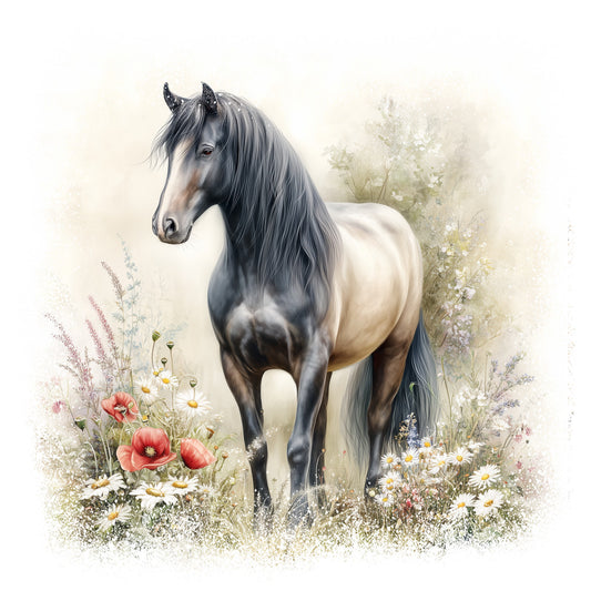 horse, wildflowers, meadow, pastoral scene, gray horse, black mane, white daisies, red poppies, soft pastels, cream background, equestrian, nature scene, fabric panel, quilting cotton, realistic illustration, flowing mane, field flowers, gentle mood, watercolor style, floral elements