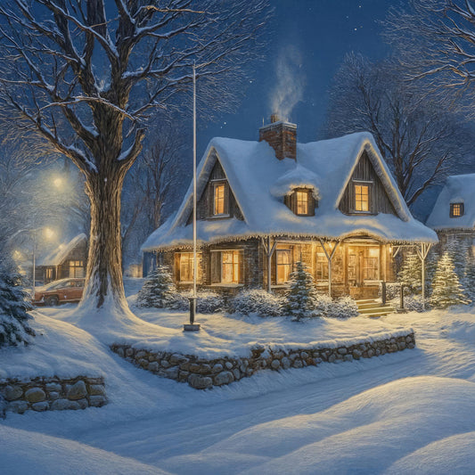 winter scene, snowy landscape, holiday, christmas, cozy cottage, night sky, starry night, stone house, snow-covered roof, evergreen trees, bare trees, winter trees, warm lighting, cabin, farmhouse, rustic, traditional, navy blue, deep blue, white, cream, golden yellow, warm white, architectural, winter holiday, seasonal, nostalgic, vintage, peaceful, serene