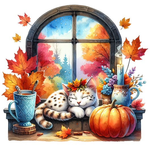 autumn, fall, cat, kitty, pumpkin, cozy, window scene, maple leaves, orange, rust, burnt orange, coral pink, warm tones, harvest, seasonal, whimsical, nature, woodland, forest, coffee cup, tea cup, candle, decorative, home decor, wall hanging, thanksgiving, september, october, november, warm colors