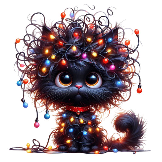 black cat, glowing lights, multicolor lights, colorful orbs, whimsical, fantasy, magical, illuminated, led lights, dark background, orange eyes, cute animals, festive, holiday lights, christmas lights, string lights, bright colors, red lights, blue lights, gold lights, purple lights, modern art, contemporary, enchanted, playful, decorative, statement piece, wall hanging, apparel fabric, novelty print