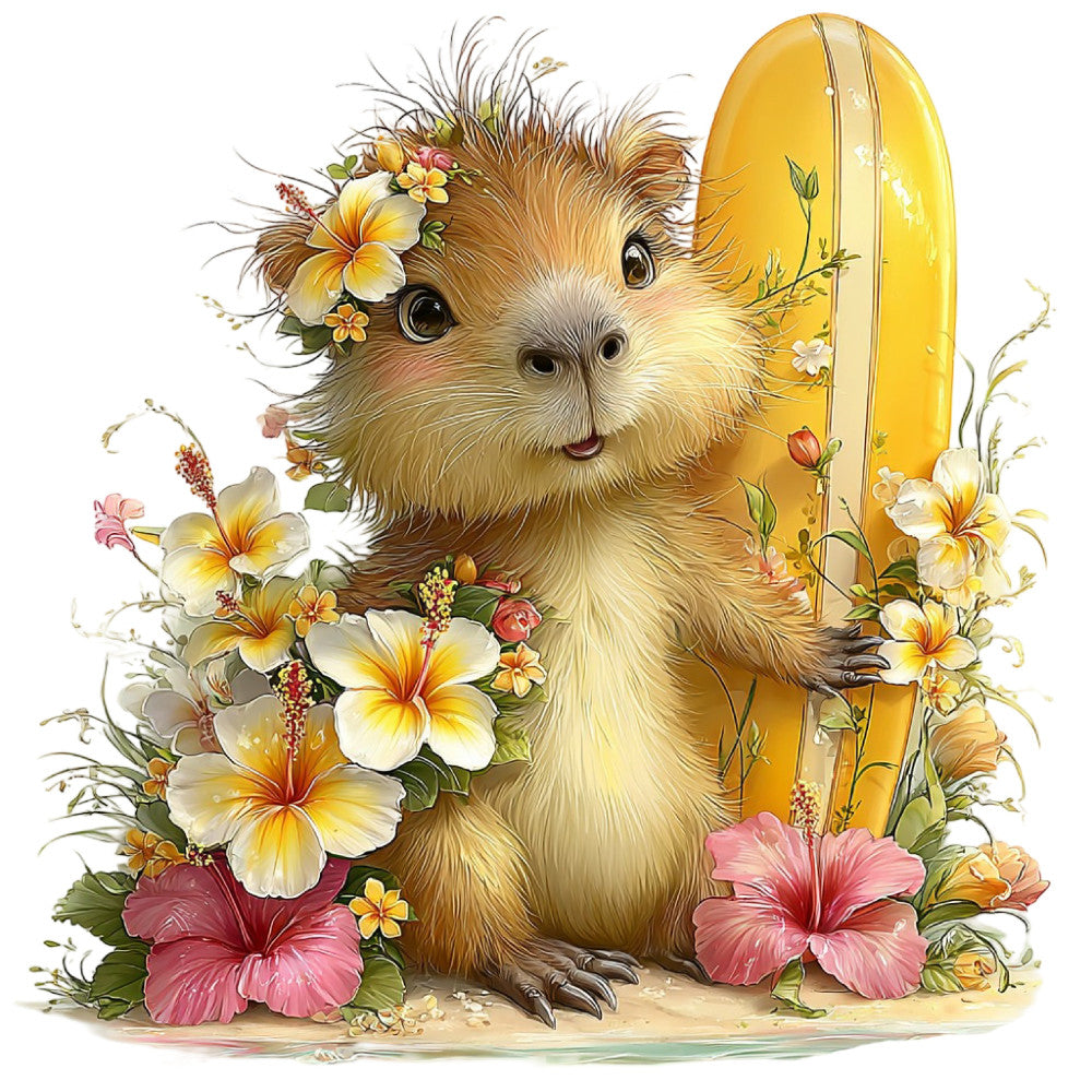 cute guinea pig, yellow surfboard, floral, animals, whimsical, spring, summer, garden, nature, cream, golden yellow, dusty rose, pink, white, yellow flowers, hibiscus, pansies, botanical, cheerful, playful, children's, baby, woodland creatures, sweet, charming, cottage core, folk art, illustrated, vintage botanical