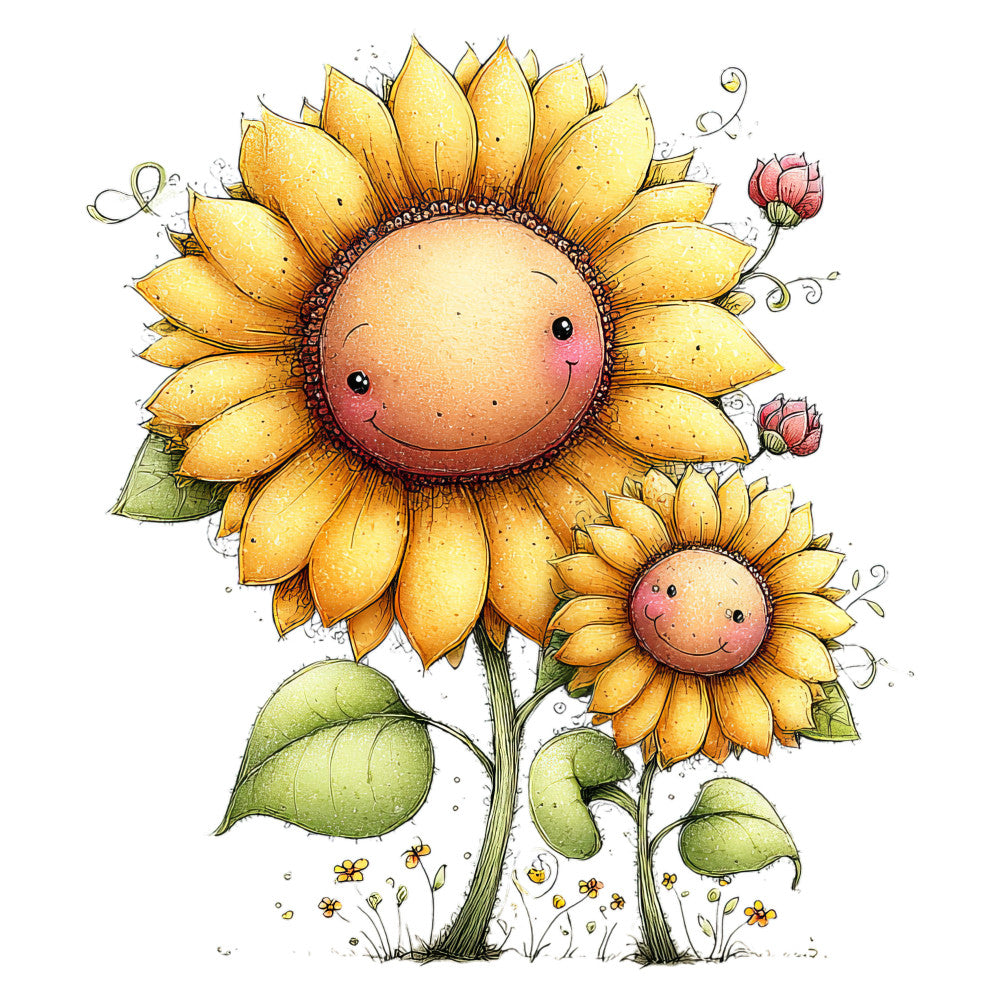 sunflower, golden yellow, sage green, blush pink, whimsical, nature, floral, spring, summer, smiling faces, happy flowers, botanical, children's, baby quilt, wall hanging, cheerful, playful, cute, decorative panel, illustration style, character flowers, vintage botanical, garden theme, nursey decor, bright and cheerful, peach center, leaf details, curling vines