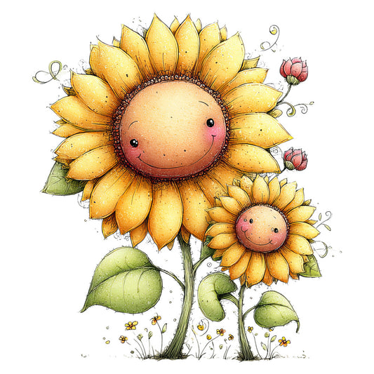 sunflower, golden yellow, sage green, blush pink, whimsical, nature, floral, spring, summer, smiling faces, happy flowers, botanical, children's, baby quilt, wall hanging, cheerful, playful, cute, decorative panel, illustration style, character flowers, vintage botanical, garden theme, nursey decor, bright and cheerful, peach center, leaf details, curling vines