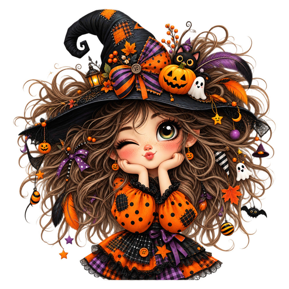 halloween, autumn, fall, orange, black, purple, brown, whimsical, cute, girl, witch hat, pumpkin, jack-o-lantern, ghost, bat, cat, stars, polka dots, plaid, checkered, vintage, festive, spooky, decorative, children's, fantasy, magical, bow, ribbon, embellished