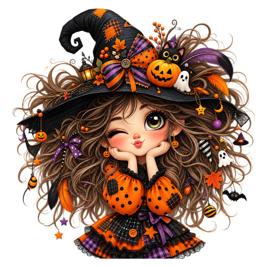 halloween, autumn, fall, orange, black, purple, brown, whimsical, cute, girl, witch hat, pumpkin, jack-o-lantern, ghost, bat, cat, stars, polka dots, plaid, checkered, vintage, festive, spooky, decorative, children's, fantasy, magical, bow, ribbon, embellished