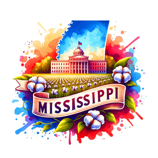 US States Retro Travel Fabric Panel 32 featuring Mississippi state with cotton fields and capitol building artwork on premium quilting cotton.