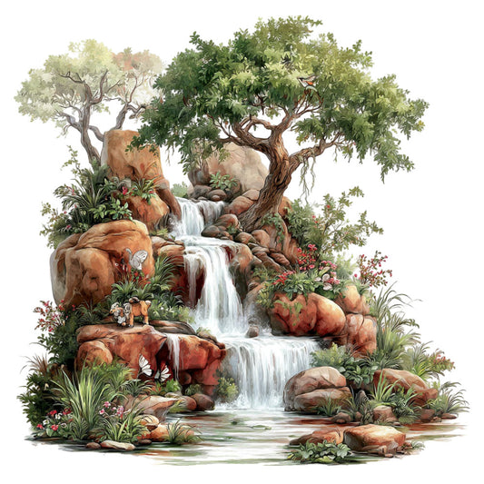 waterfall, nature scene, landscape, trees, botanical, forest green, sage green, terracotta, rust brown, cream, white water, rocks, cascading water, wildflowers, pink flowers, red flowers, tranquil, peaceful, scenic, rustic, whimsical, garden, flowing water, multi-level waterfall, lush foliage, natural elements, earth tones, scenic panel, woodland, pastoral