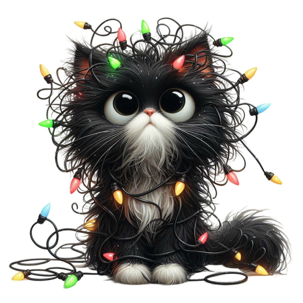 black cat, fluffy cat, christmas lights, colorful lights, holiday lights, string lights, festive, whimsical, cute animals, cat face, large eyes, surprised expression, black and white, yellow lights, green lights, red lights, blue lights, orange lights, holiday theme, christmas, festive decor, playful, charming, humorous, pet lover, cat lover, novelty print, character design