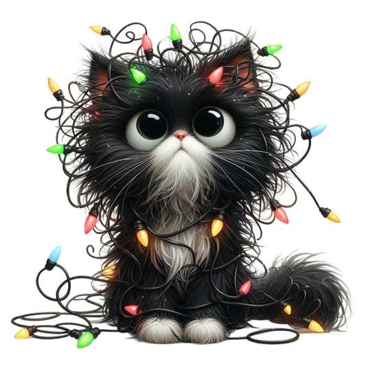 black cat, fluffy cat, christmas lights, colorful lights, holiday lights, string lights, festive, whimsical, cute animals, cat face, large eyes, surprised expression, black and white, yellow lights, green lights, red lights, blue lights, orange lights, holiday theme, christmas, festive decor, playful, charming, humorous, pet lover, cat lover, novelty print, character design