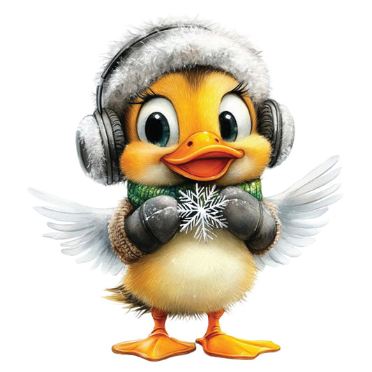 whimsical duck, yellow duckling, winter theme, headphones, snowflake, mittens, orange beak, white wings, green scarf, fur trim hat, adorable character, seasonal motif, fabric panel, quilting cotton, children's fabric, cute animal, winter clothing, playful design, bright colors, cartoon style