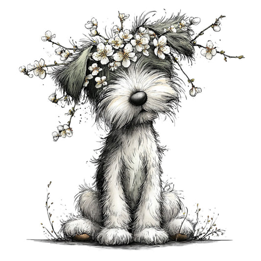 dog, terrier, puppy, flowers, cherry blossoms, floral, spring, nature, animals, whimsical, cute, sweet, children's, baby, botanical, black and white, cream, gray, neutral tones, illustration, artistic, sketch, ink drawing, springtime, pastoral, gentle, soft, nature-inspired, adorable, decorative