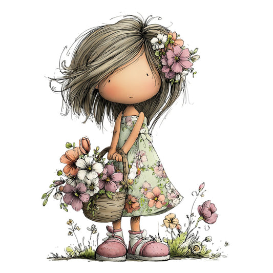 whimsical girl, floral, spring, nature, garden, flowers, soft pastels, sage green, dusty pink, coral, cream, botanical, cute illustration, children's, girl with flowers, flower basket, daisies, wildflowers, vintage illustration, storybook style, charming, playful, innocence, youth, greeting card style, decorative panel, nursery, baby girl, cottage core, nature lover