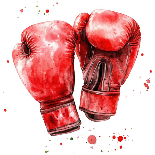 boxing gloves, red, crimson, watercolor, sports, athletic, boxing theme, action, strength, power, abstract splatter, ink splashes, modern, contemporary, bold, dynamic, masculine, gym decor, fitness themed, combat sports, training, competitive, energy, vibrant, artistic, paint splatter effect, sport motif, wall art, home decor