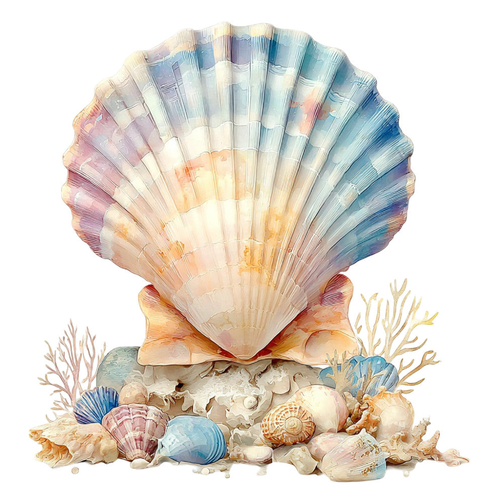 seashell, ocean, nautical, coastal, beach, watercolor, pastel blue, dusty rose, coral pink, soft peach, cream, ivory, shells, starfish, sea creatures, marine, summer, whimsical, elegant, dreamy, tranquil, seaside, aquatic, soft colors, gradient, ombre effect, nature-inspired, relaxing, coastal decor, beach theme