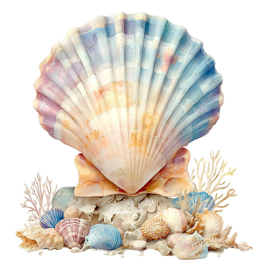 seashell, ocean, nautical, coastal, beach, watercolor, pastel blue, dusty rose, coral pink, soft peach, cream, ivory, shells, starfish, sea creatures, marine, summer, whimsical, elegant, dreamy, tranquil, seaside, aquatic, soft colors, gradient, ombre effect, nature-inspired, relaxing, coastal decor, beach theme