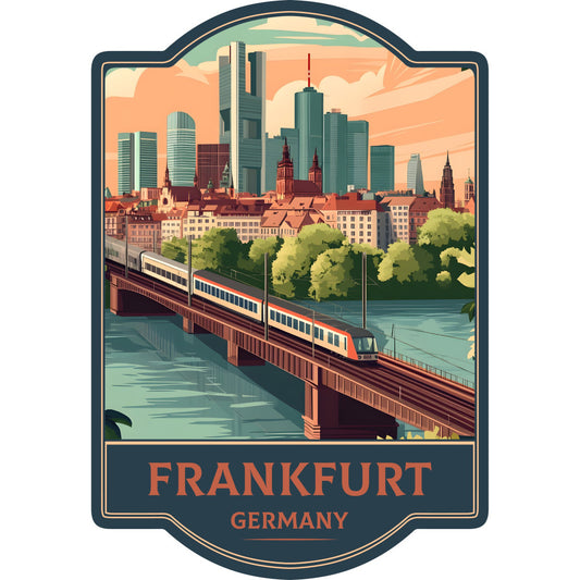 frankfurt germany, vintage travel poster, cityscape, architectural, retro style, art deco, teal, coral orange, cream, rust red, sage green, travel theme, train motif, bridge, river, historic buildings, modern skyline, steampunk, wanderlust, nostalgic, transportation, european, wall hanging, collectible, travel decor, golden hour, sophisticated, elegant retro